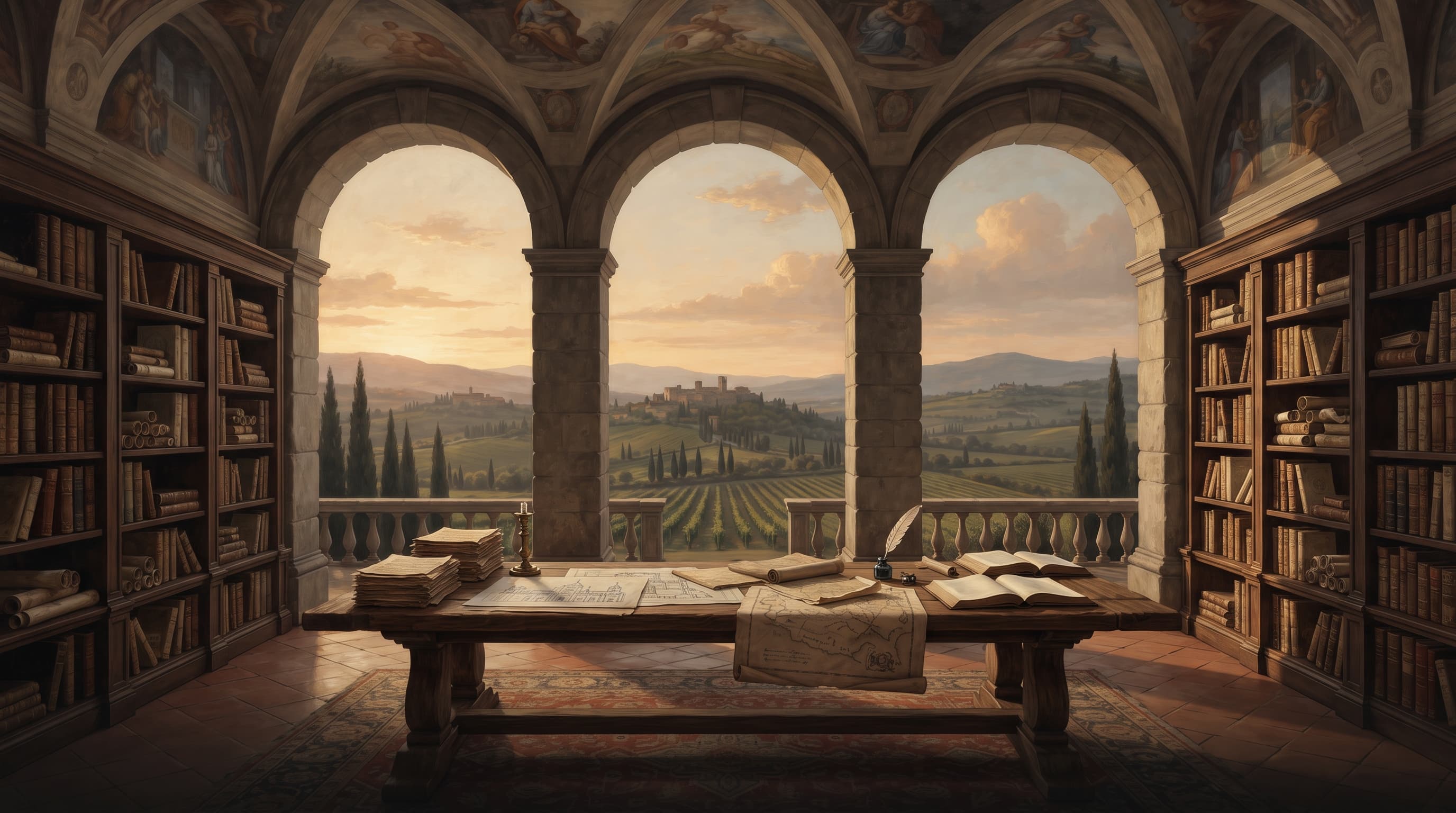 A palazzo library opening onto a rural landscape, with books, maps, and papers arranged on a shared table.